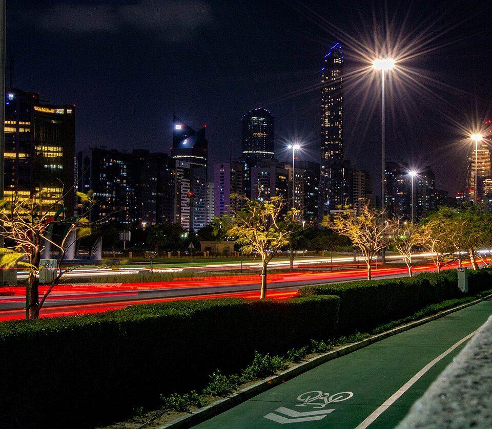 Abu Dhabi Corniche skyline after dark